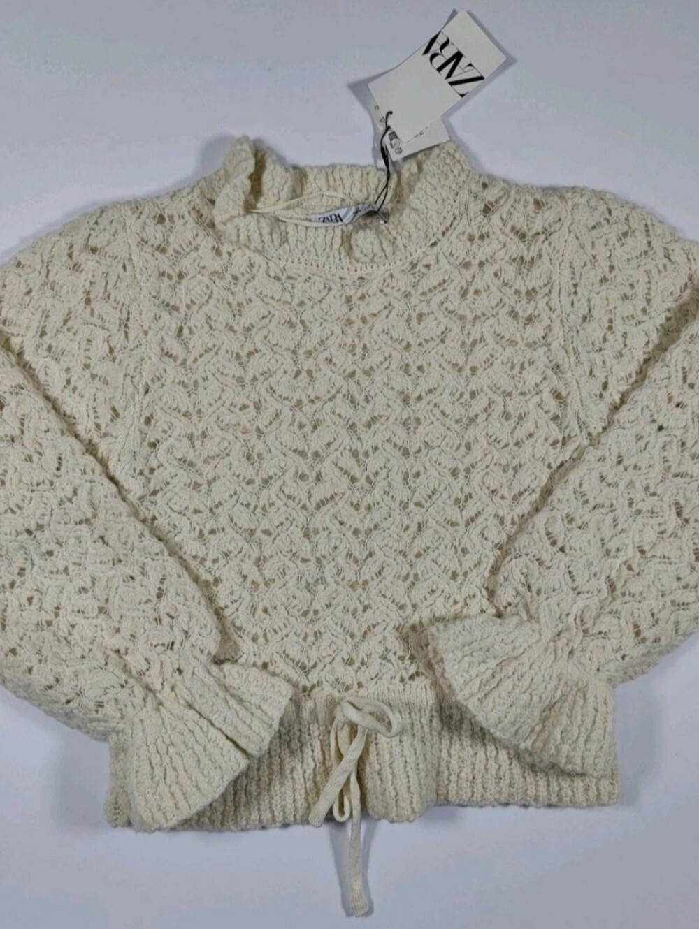 NWT Zara Openwork Crochet Knit Cream Wool Blend Sweater Size S